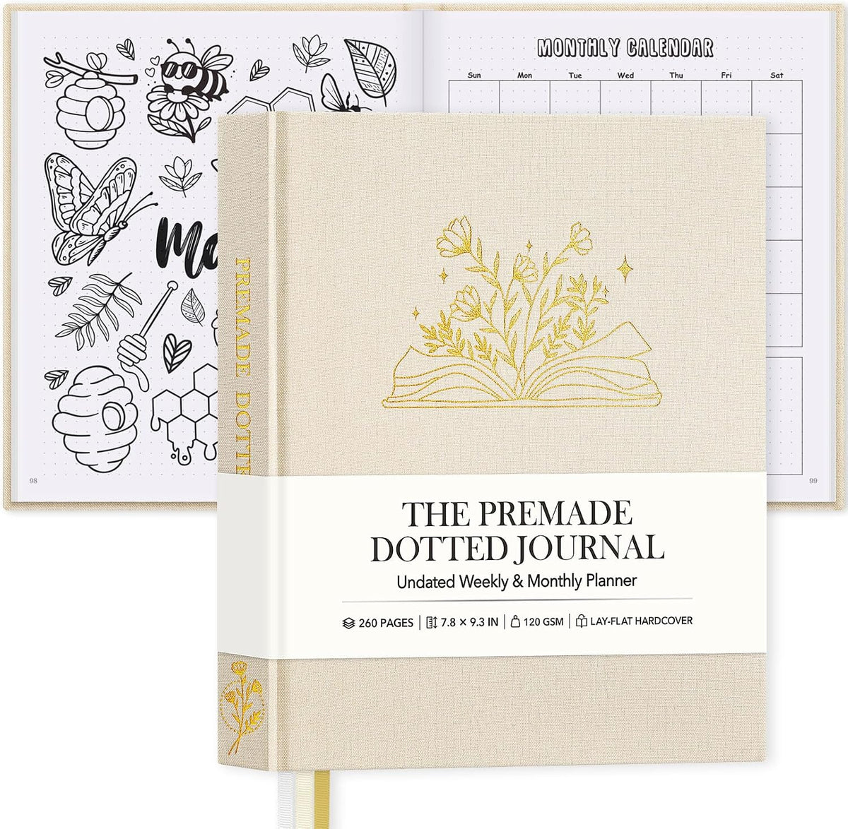 Everloria Premade Dotted Journal Notebook, 12 Months Pre-made Bullet Templates, 260 Hand-Drawn Coloring Pages, Undated Weekly & Monthly Planner, 7.8"x9.3" Linen Dot Grid Mood Habit Tracker, Lilac