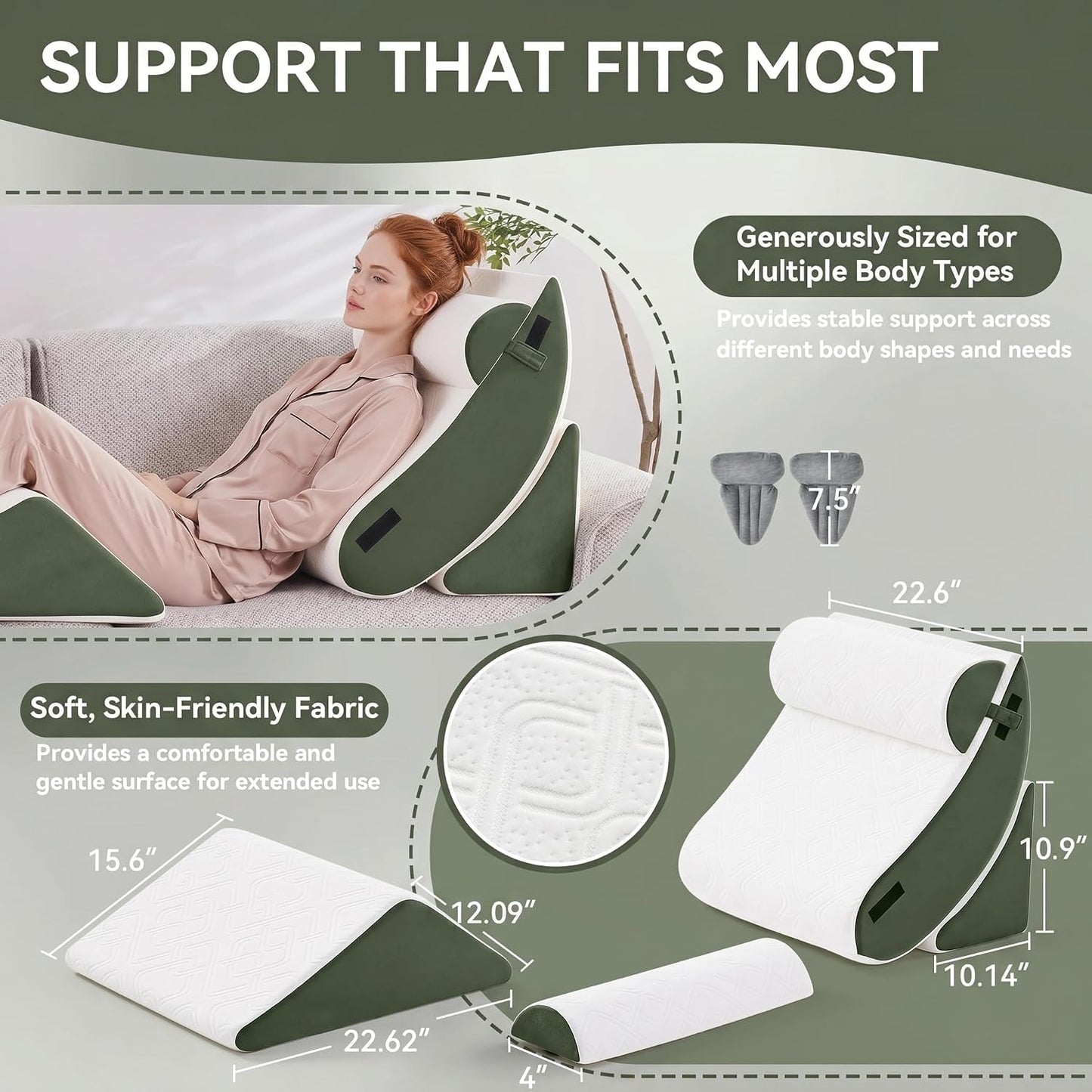 5PCS Wedge Pillow Set for After Surgery,Bed Pillow for Sleeping | Memory Foam Orthopedic Back Pillow for Pain Relief and Acid Reflux, Adjustable Sitting Up for Bed Post Surgery Pillow Green
