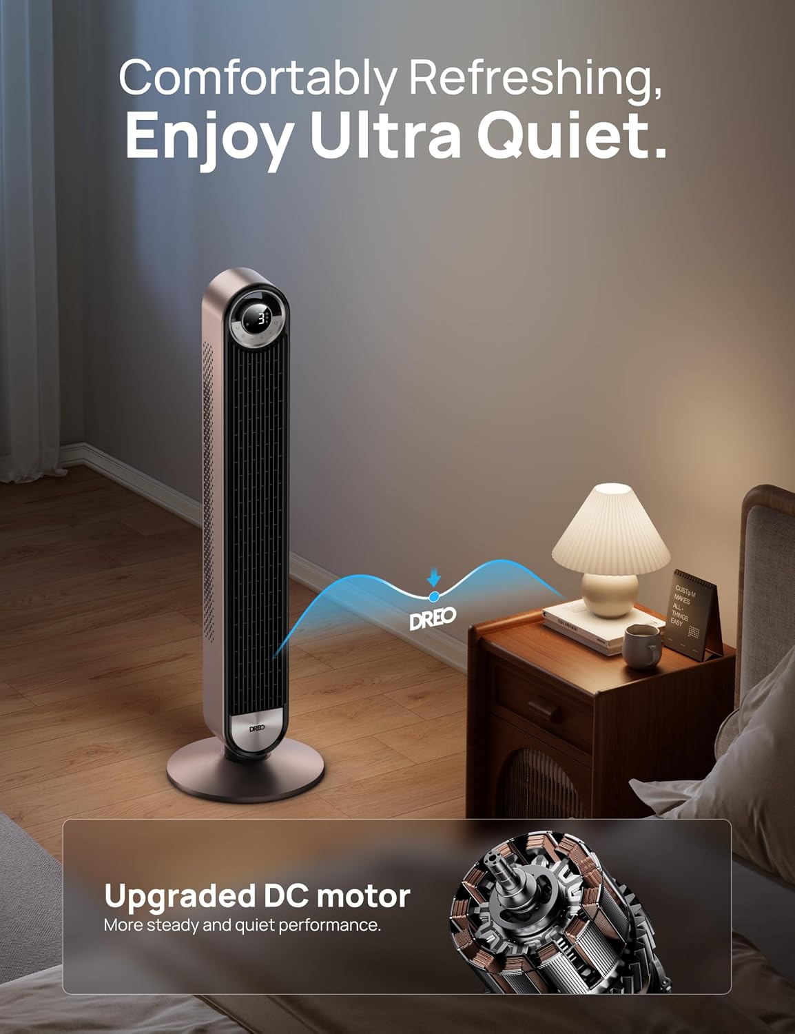 DREO Tower Fan for Bedroom, Upgraded DC 28ft/s Velocity, 9 Speeds