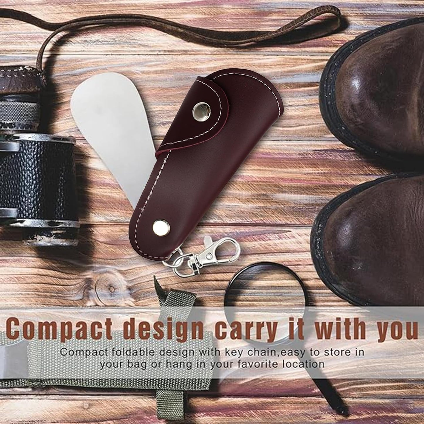 Metal Shoe Horn with Holster, 1 Pc Foldable Shoe Horn with Keychain, Travel Mini Stainless Steel Shoe Spoon