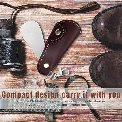 Metal Shoe Horn with Holster, 1 Pc Foldable Shoe Horn with Keychain, Travel Mini Stainless Steel Shoe Spoon