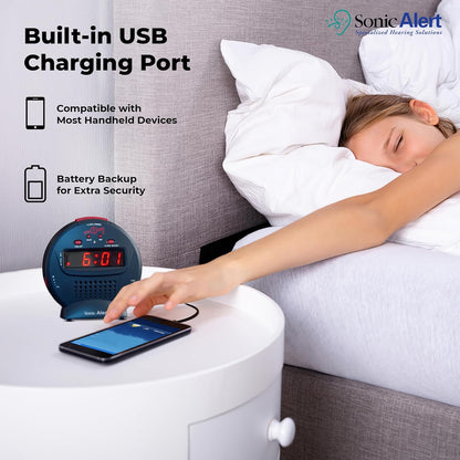 Sonic Alert Small Digital Alarm Clock with Battery Backup, Snooze, Full Range Brightness Dimmer, Outlet Powered Compact Clock for Bedrooms, Desk, Bedside, Simple to Operate (Black)