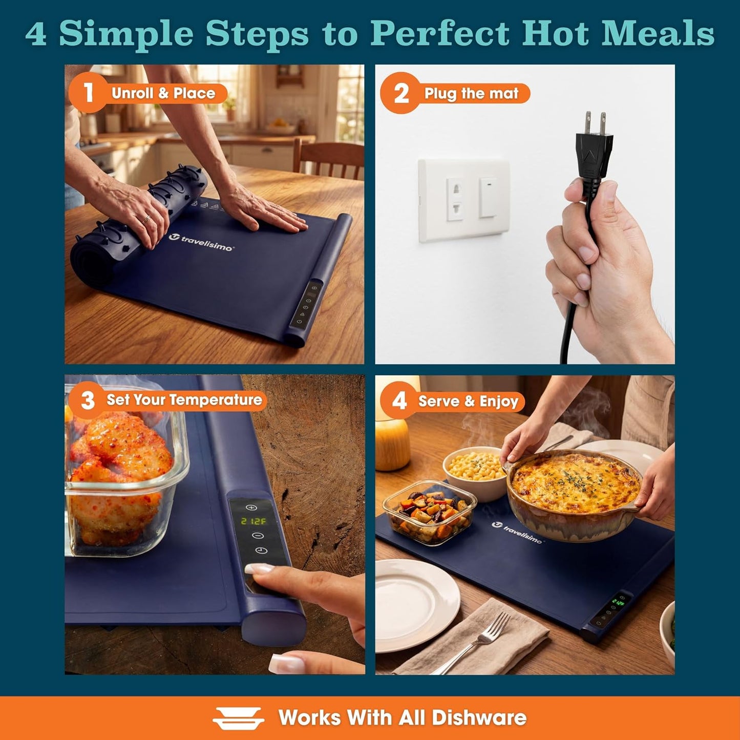 TRAVELISIMO Warming Mat for Food, 24x16in Warming Trays for Buffets Party & Family Dinners - Food Warming Mat Keeps Meals Warm & Ready to Serve, Rapid Heating Electric Warming Tray for Any Table