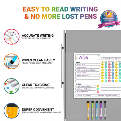 Oyster&Pop Black Chore Charts for Multiple Kids - 3 Pack Magnetic Dry Erase | Build responsibility, independence and routines - give kids and teens their own black magnetic board and weekly rewards