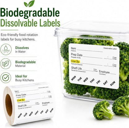 Water Dissolvable Food Labels, 2 x 3, 500/Roll, Food Rotation | Writable Rotation Stickers for Prep Date, Use By, Shelf Life, Restaurants, Kitchens, Fridge and Freezer Storage. Made in USA