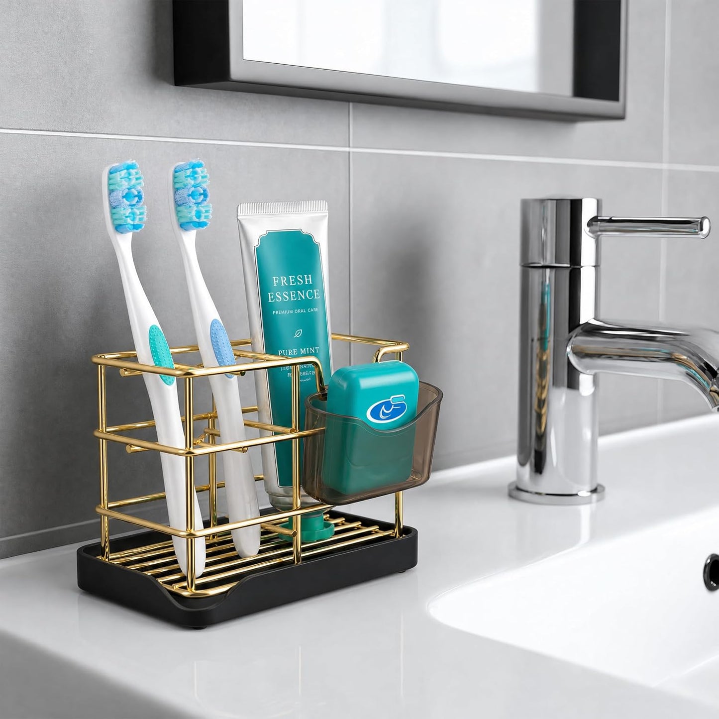 HBlife Toothbrush Holders for Bathrooms Black, Small Stainless Steel Bathroom Toothbrush Holder with Tray, Bathroom Accessories and Apartment Essentials