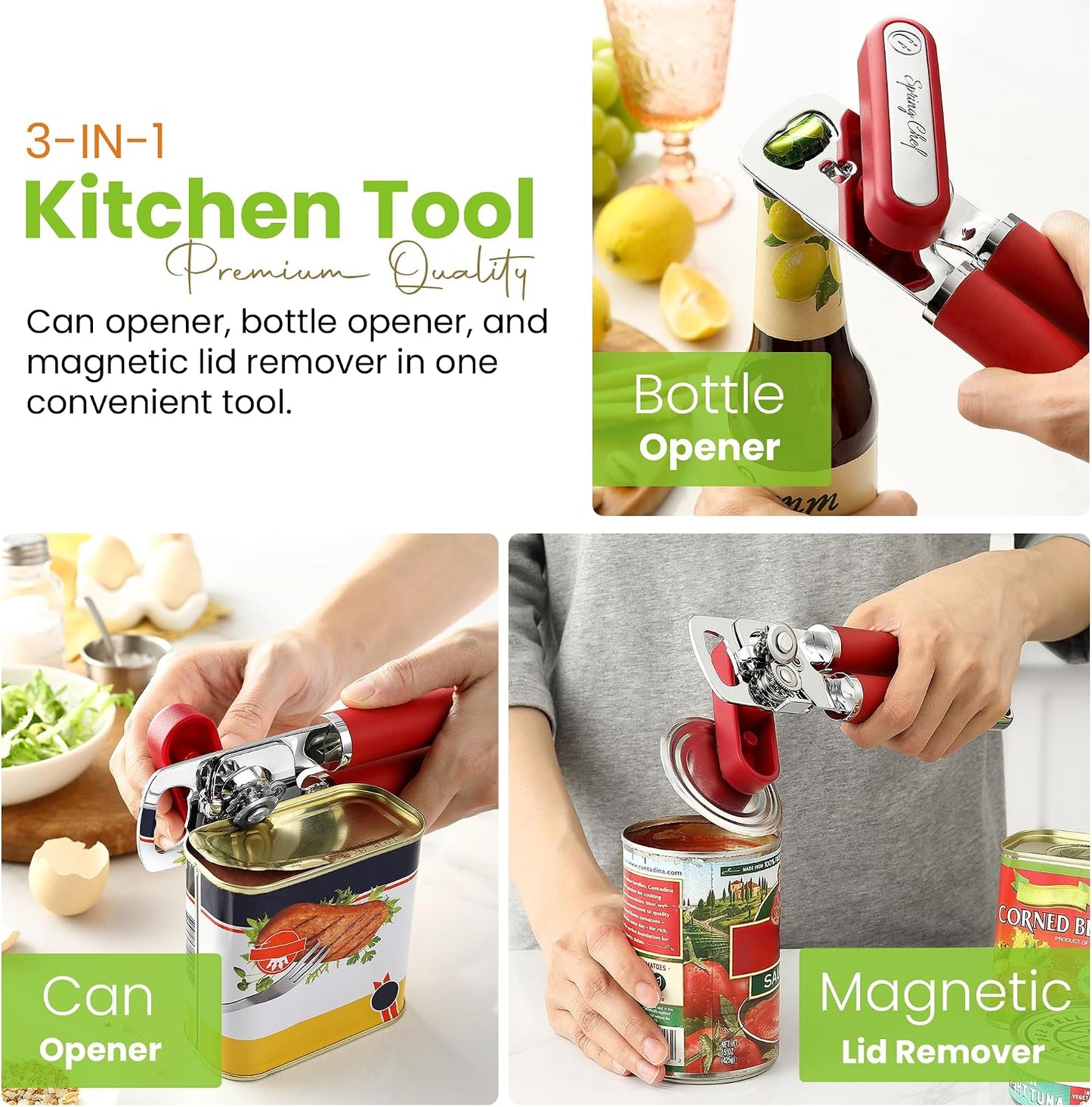 Spring Chef Stainless Steel Manual Can Opener with Soft Grip Handles, Black | Heavy Duty Hand Can Opener for Seniors with Smooth Edge, Easy Turn, 3in1 Can Opener with Magnetic Lid Remover & Bottle Opener