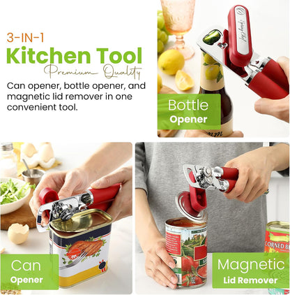 Spring Chef Stainless Steel Manual Can Opener with Soft Grip Handles, Black | Heavy Duty Hand Can Opener for Seniors with Smooth Edge, Easy Turn, 3in1 Can Opener with Magnetic Lid Remover & Bottle Opener