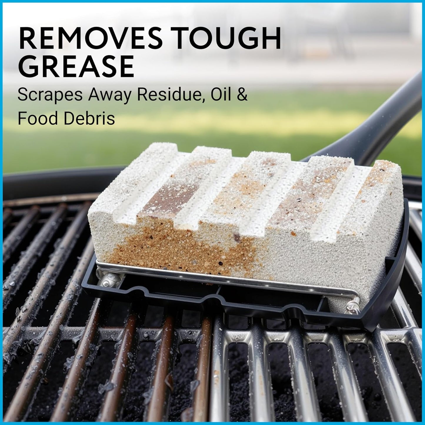 Impresa Pumice Stone Grill Brush - 5 x 2 in Head, 16 in Handle, Pack of 3 Replacement Bricks - Grease Removal BBQ Cleaning Stone - Ergonomic Long Handle Griddle Cleaning Kit - Versatile Grill Scraper