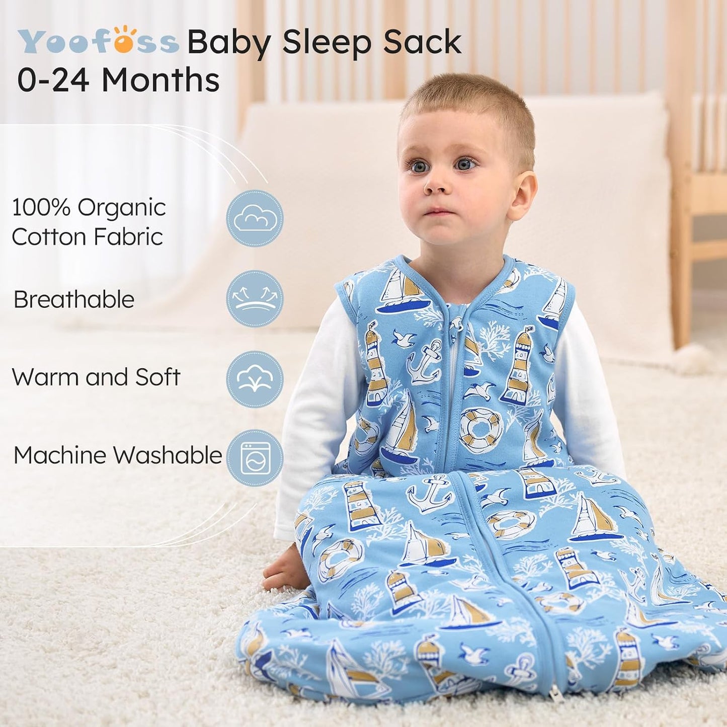 Yoofoss Baby Sleep Sack 0-6 Months Wearable Blanket for Babies 100% Organic Cotton 2-Way Zipper TOG 0.5 Toddler Sleeping Sack 3 Pack, Sleep Sacks