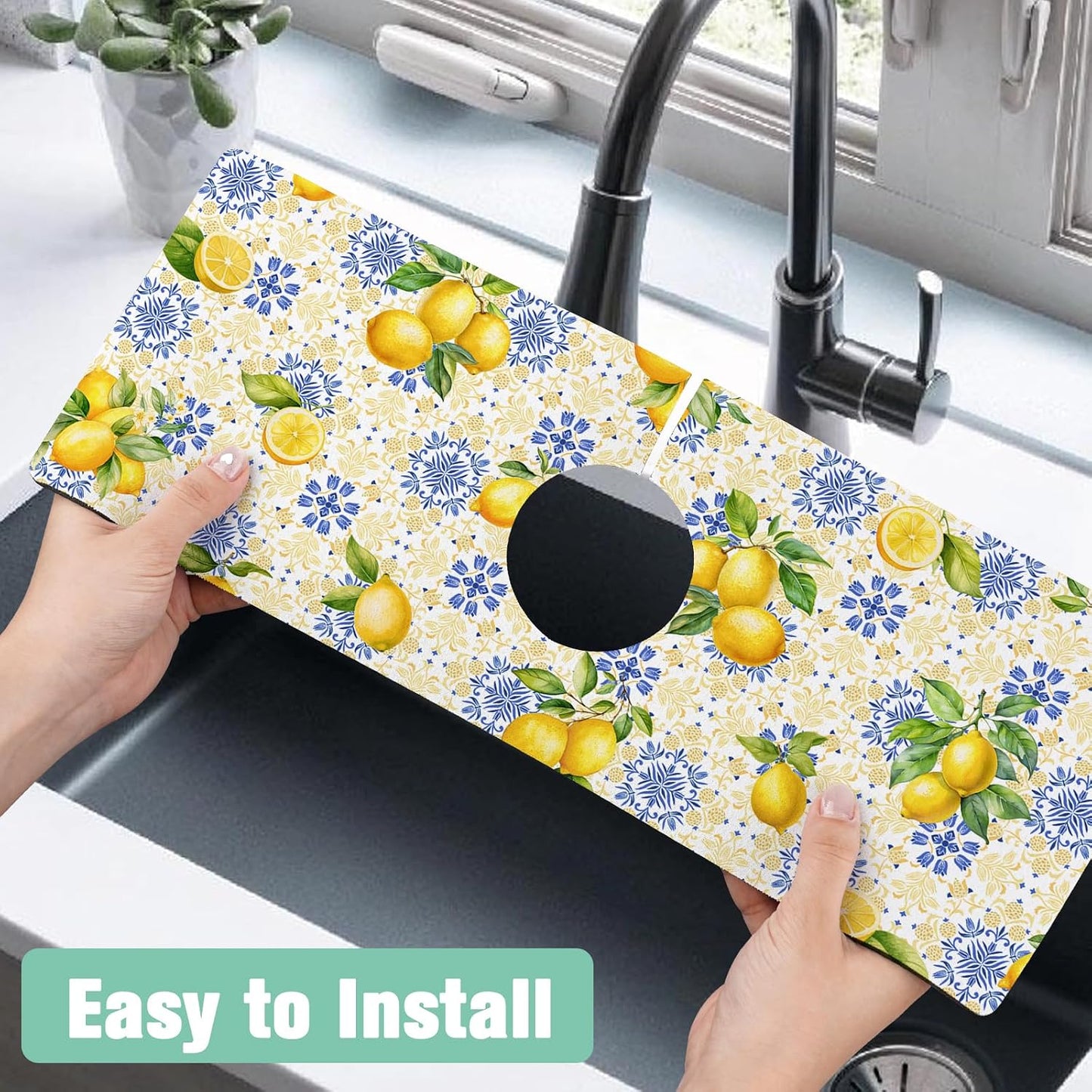 Kitchen Sink Splash Guard Faucet Mat 24" X 5.5" Tropical Leavesl Absorbent Fast Drying Mat Faucet Draining Mat Sink Splash Guard Behind Faucet Drip Catcher for Kitchen Bathroom