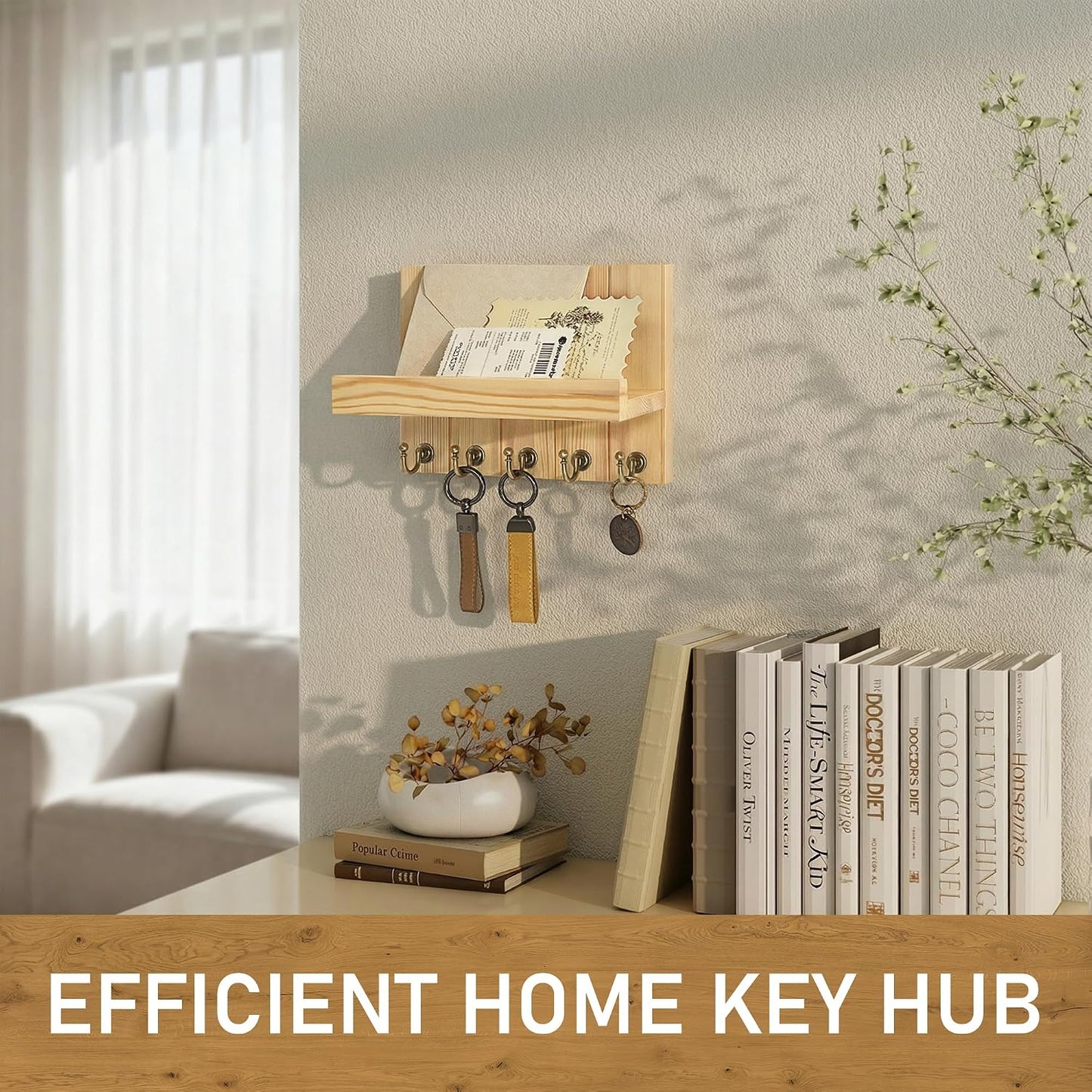Rebee Vision Key Holder Wall Mount with 5 Key Hooks for Home Decor, Brown | 3.54'' x 10'' x 7.28'', Small Shelf for Display Plant, Key Hangers for Hat, Entryway Space-Saving Storage