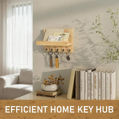 Rebee Vision Key Holder Wall Mount with 5 Key Hooks for Home Decor, Brown | 3.54'' x 10'' x 7.28'', Small Shelf for Display Plant, Key Hangers for Hat, Entryway Space-Saving Storage