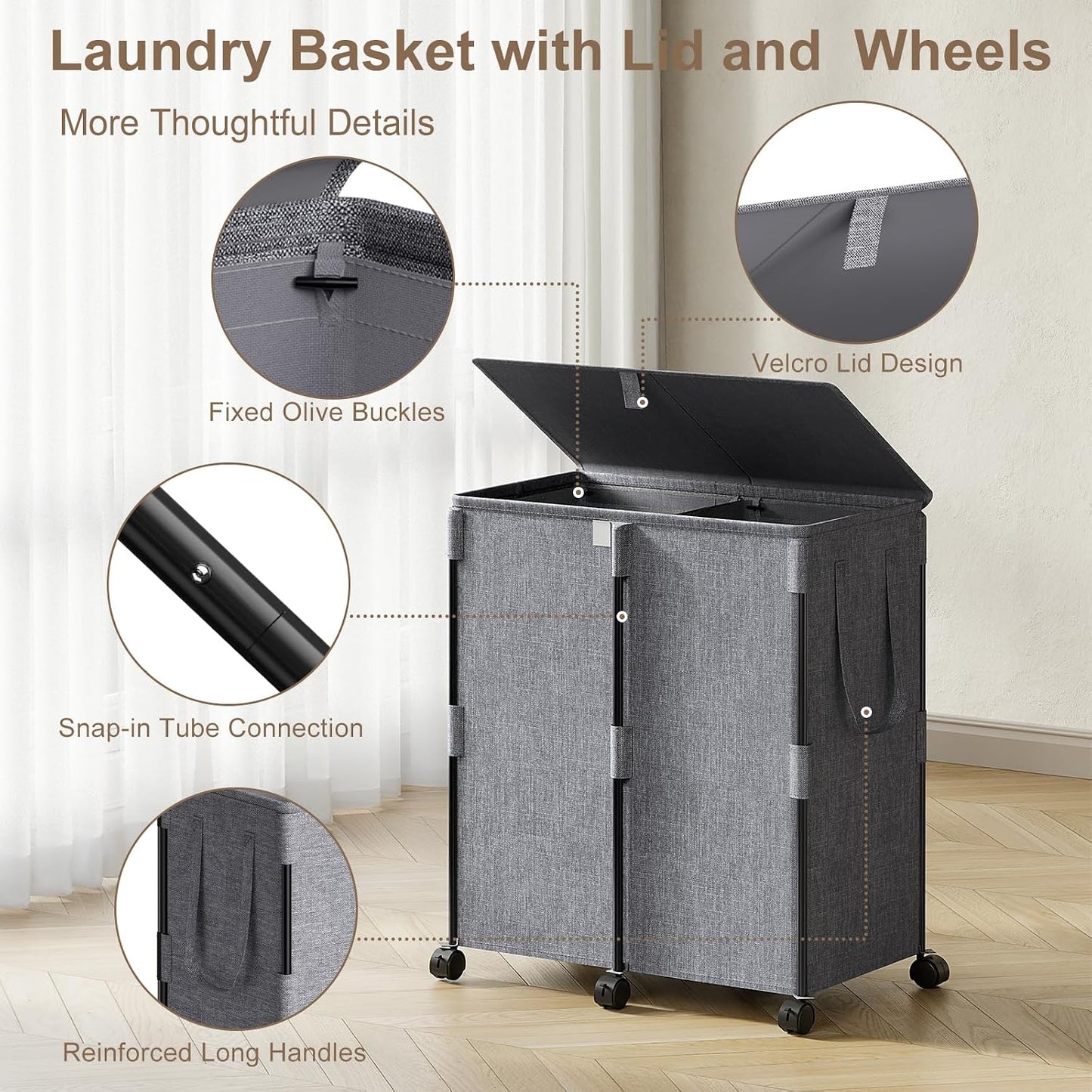 140L Double Laundry Hamper with Lid and 6 Wheels, Rolling Laundry Basket | Gasvadivum Metal Frame Laundry Sorter 2 Section with 2 Removable Bags, Large Clothes Cart for Bedroom, Bathroom, Black