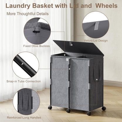 140L Double Laundry Hamper with Lid and 6 Wheels, Rolling Laundry Basket | Gasvadivum Metal Frame Laundry Sorter 2 Section with 2 Removable Bags, Large Clothes Cart for Bedroom, Bathroom, Black