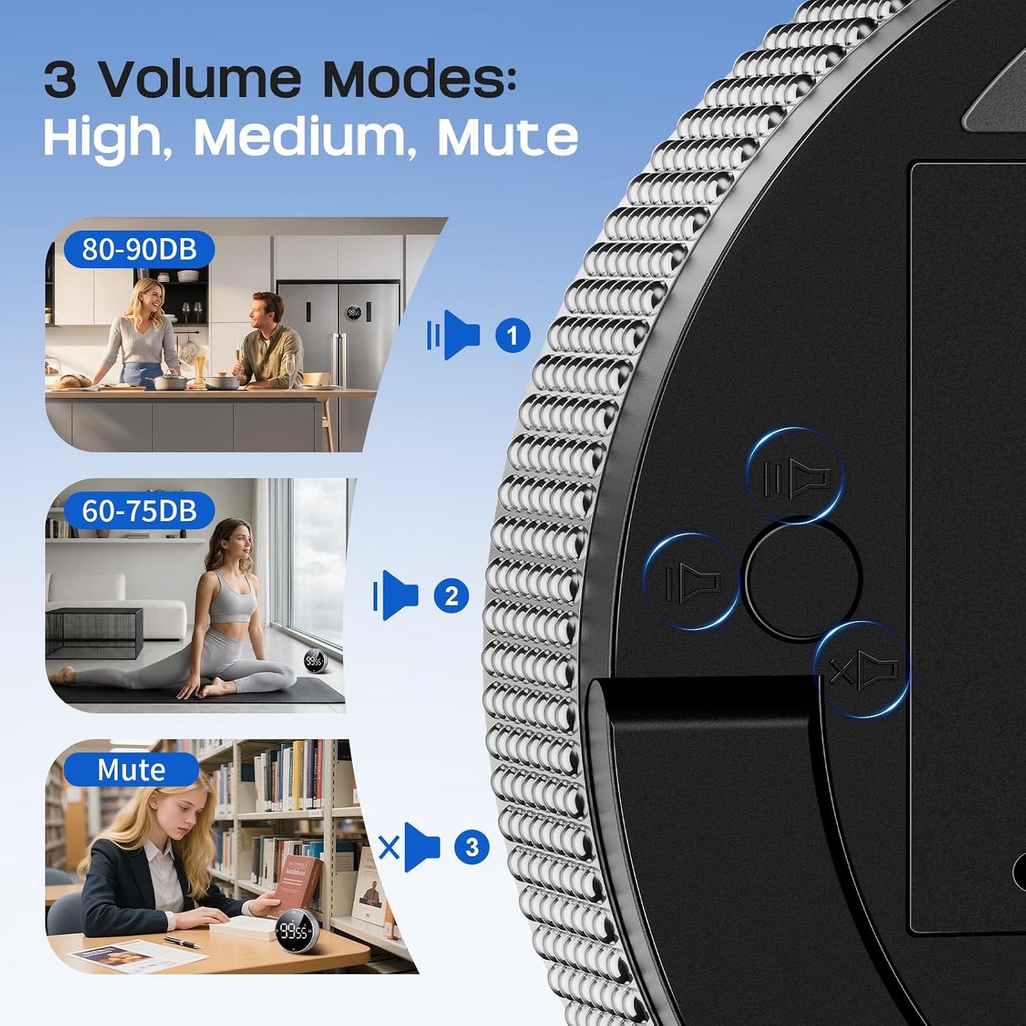 Digital Kitchen Timer with Magnetic - Visual Timer with Large LED Display, Pomodoro Classroom Timers with 3-Preset Times, Volume Adjustable, Countdown & Count Up Timers for Cooking