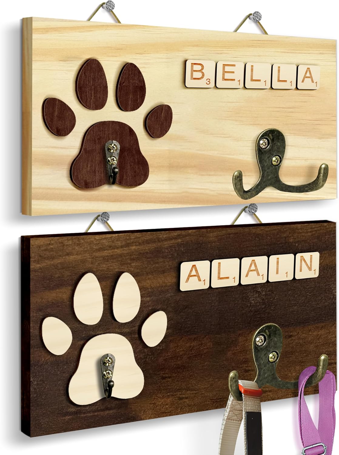 Dog Leash Holder Wall Mount, Pet Harness Hanger with Scrabble Letters, Dog Collar Organizer for Entryway, Memorial Cat Leash Holder for Wall, Pet Loss Gifts, Keepsake, Home Decor PF212-NAT