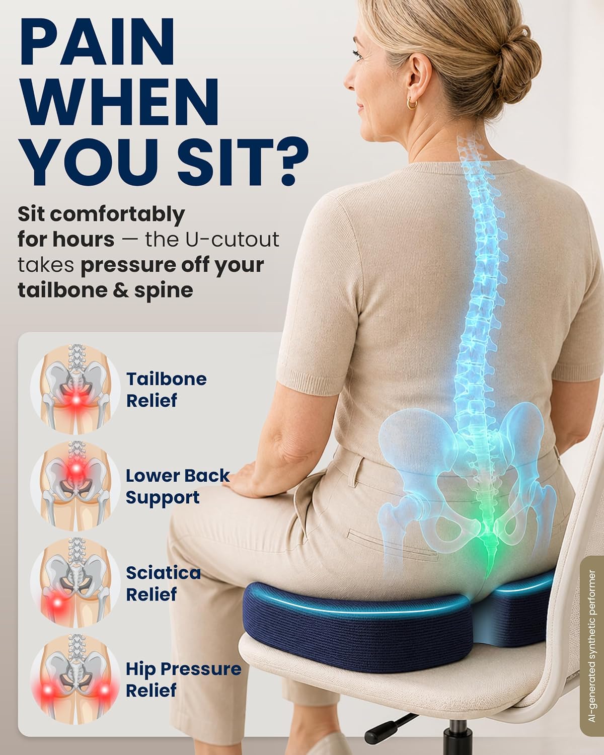 5 STARS UNITED Seat Cushion - Memory Foam Chair Cushion for Tailbone Pain Relief - Ergonomic Support for Coccyx, Sciatica & Butt - Office, Desk & Gaming Chair, Car Seat, Wheelchair, Airplane, Black