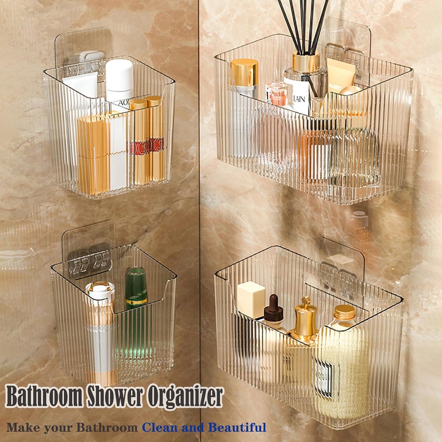 Lae Nuvole 2Pcs Storage Organizer Bins, Wall Shower Toothbrush Caddy, Clear | with Dividers & 4 Adhesive Pads, No Drill, Renter Friendly, BPA-Free PET, Fits Bathroom, Apartment, RVs, Cabinet/Pantry Door