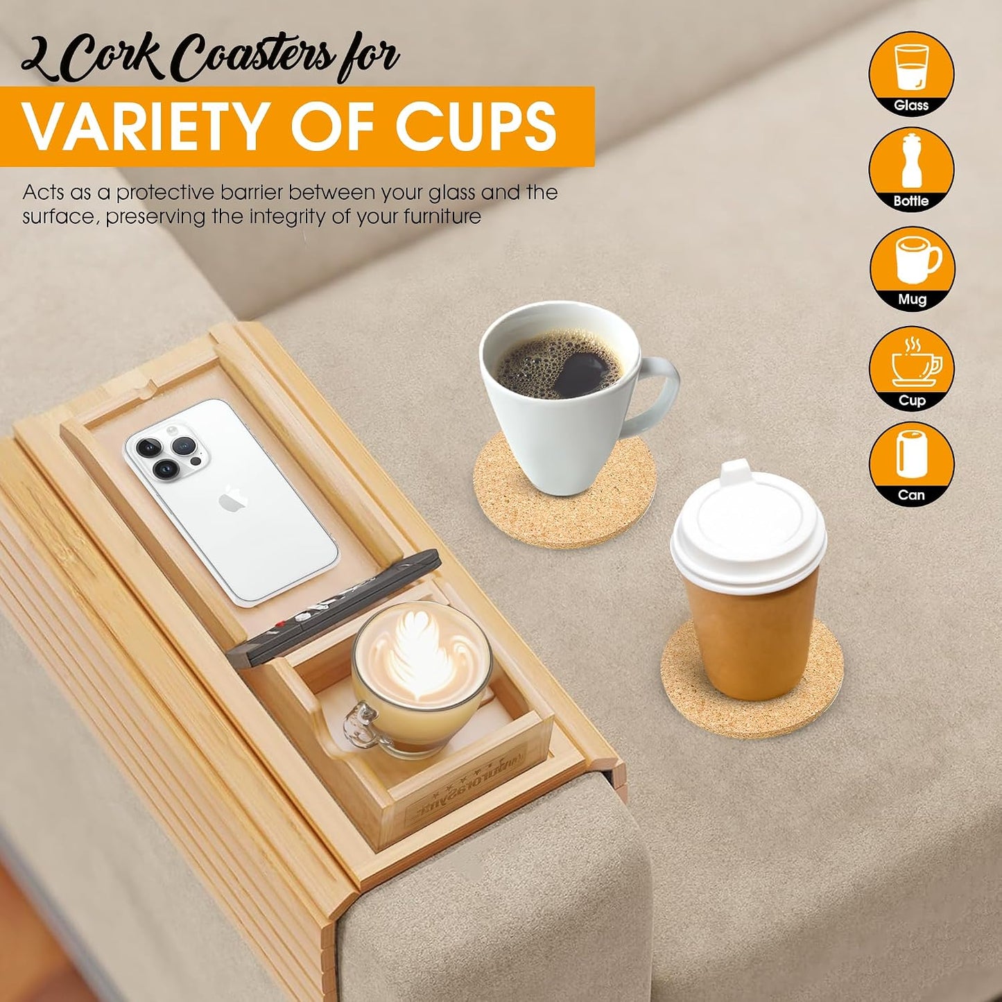 Bamboo Couch Cup Holder, 2 Cork Coasters, Anti-Slip Foldable Couch Arm Tray | 2 in 1 Foldable Sofa Arm Tray, Couch Armrest Table, Anti-Spill Couch Arm Table for Drinks TV Remote Cellphone Snacks