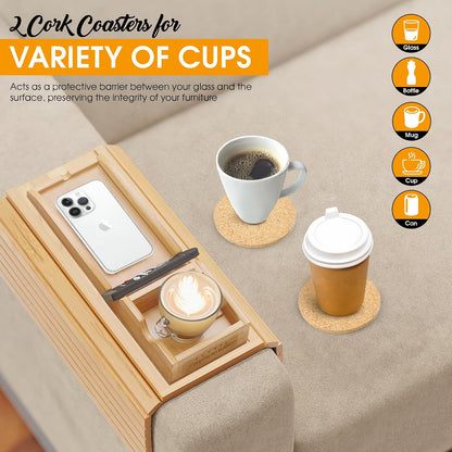Bamboo Couch Cup Holder, 2 Cork Coasters, Anti-Slip Foldable Couch Arm Tray | 2 in 1 Foldable Sofa Arm Tray, Couch Armrest Table, Anti-Spill Couch Arm Table for Drinks TV Remote Cellphone Snacks