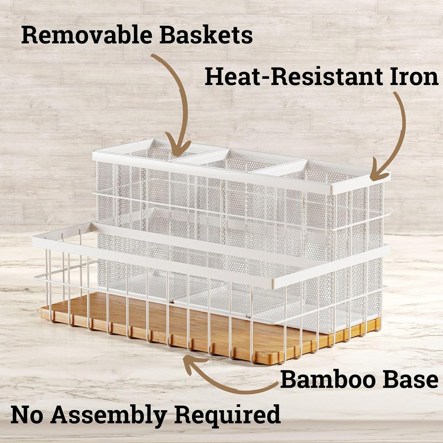 Hair Tool Organizer Countertop, Breathable Metal & Bamboo, Heat-Resistant | No Assembly Required, Removable Baskets, Heat-Resistant Iron, Bamboo Base, Spacious & Breathable Hot Tools Organizer Vanity