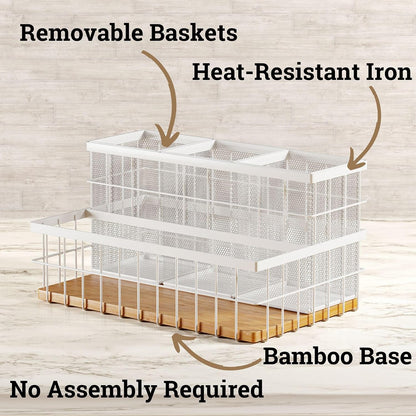 Hair Tool Organizer Countertop, Breathable Metal & Bamboo, Heat-Resistant | No Assembly Required, Removable Baskets, Heat-Resistant Iron, Bamboo Base, Spacious & Breathable Hot Tools Organizer Vanity