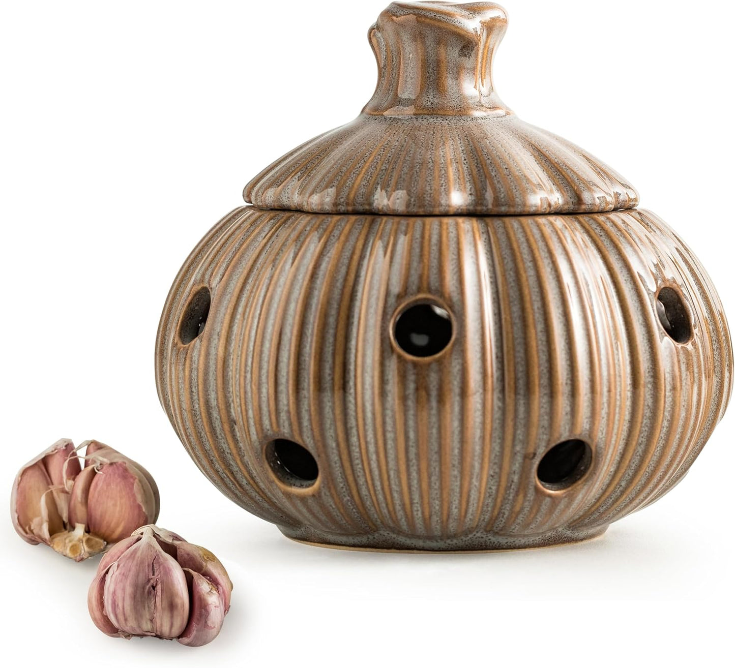 Garlic Storage Pod Ceramic Garlic Keeper with Lid Large Garlic Container for Counter, White