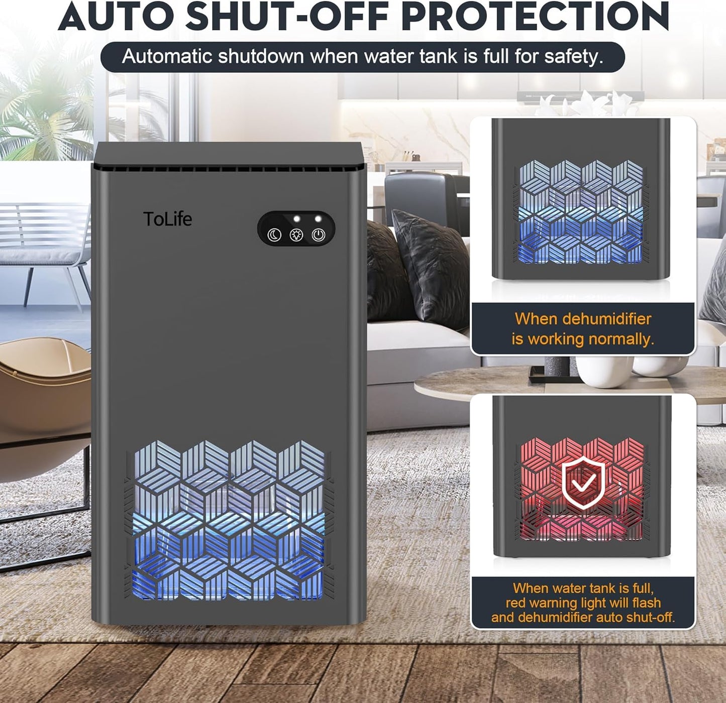 ToLife Dehumidifier for Home, 1000 sq.ft Dehumidifiers for Bedroom Bathroom Basement with 95 OZ Water Tank, Auto Shut Off 7 Colors LED Light, White Black