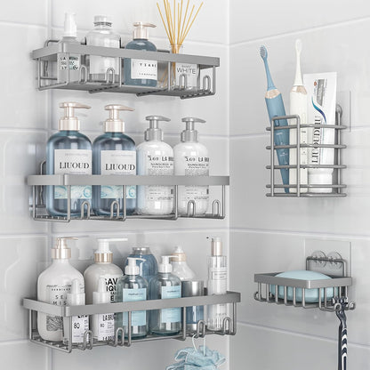 Liuoud 5 Pack Shower Caddy for Inside Shower, Gold Bathroom Storage Decor | Large Rustproof Stainless Steel Organizer with Strong Adhesive, No Drilling Wall Mounted Shelves, Bathroom Accessory Set