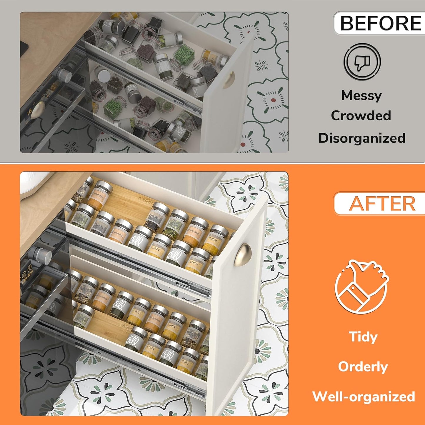 AMBIRD Bamboo Spice Drawer Organizer with Non-slip Mat,4 Tier - 2 Set Jar Spice Rack Tray From 9.5''to 19'', Seasoning Organizer for Kitchen,Cabinet,Drawers,Countertop