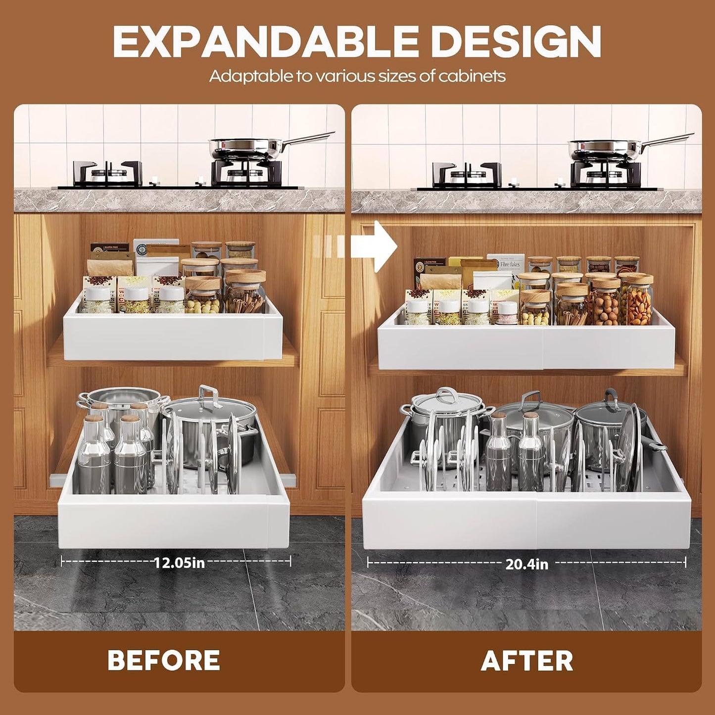 Seinloes 2Pack Expandable Pull Out Cabinet Organizer 21"Deep With Raising Pad for Framed Cabinets, Upgrade 3 Slide Rails Slide Out Drawers, Roll Out Shelves Adhesive,Adjustable Width 12.05"-20.4"White