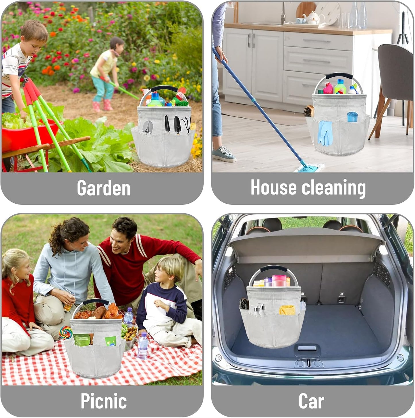 Qivine 17L Cleaning Caddy with Handle, Foldable Cleaning Supply Caddy(Blue) | Cleaning Caddy for Cleaning Supplies, Portable Cleaning Supplies Organizer with 6 Pockets, Cleaning Bucket for Kitchen Garden