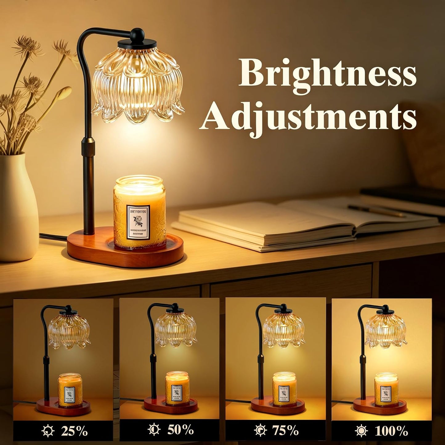 CASTLELIFE Electric Candle Warmer Lamp with Timer & Dimmer, Height Adjustable Wax Warmer for Jar Candles, Flower Wax Melter with Wood Base, Home Decor House Warming Gifts for Women Mom, Natural Wood