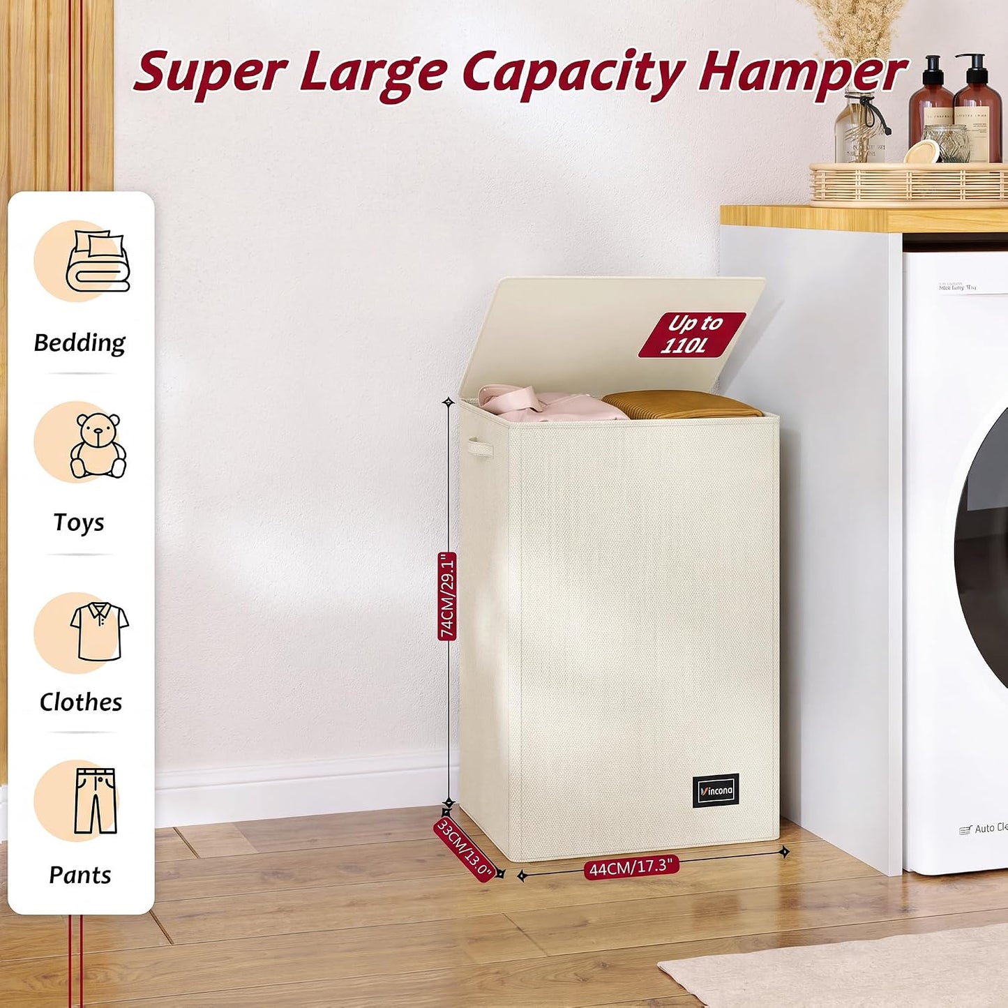 195L Laundry Hamper 3 Section,Large Laundry Hamper with Lid,Dirty Clothes Hamper with 3 Inner Bags,Collapsible Laundry Basket Organizer for Laundry Room,Bedroom,Laundry Sorter Hamper 3 Compartment