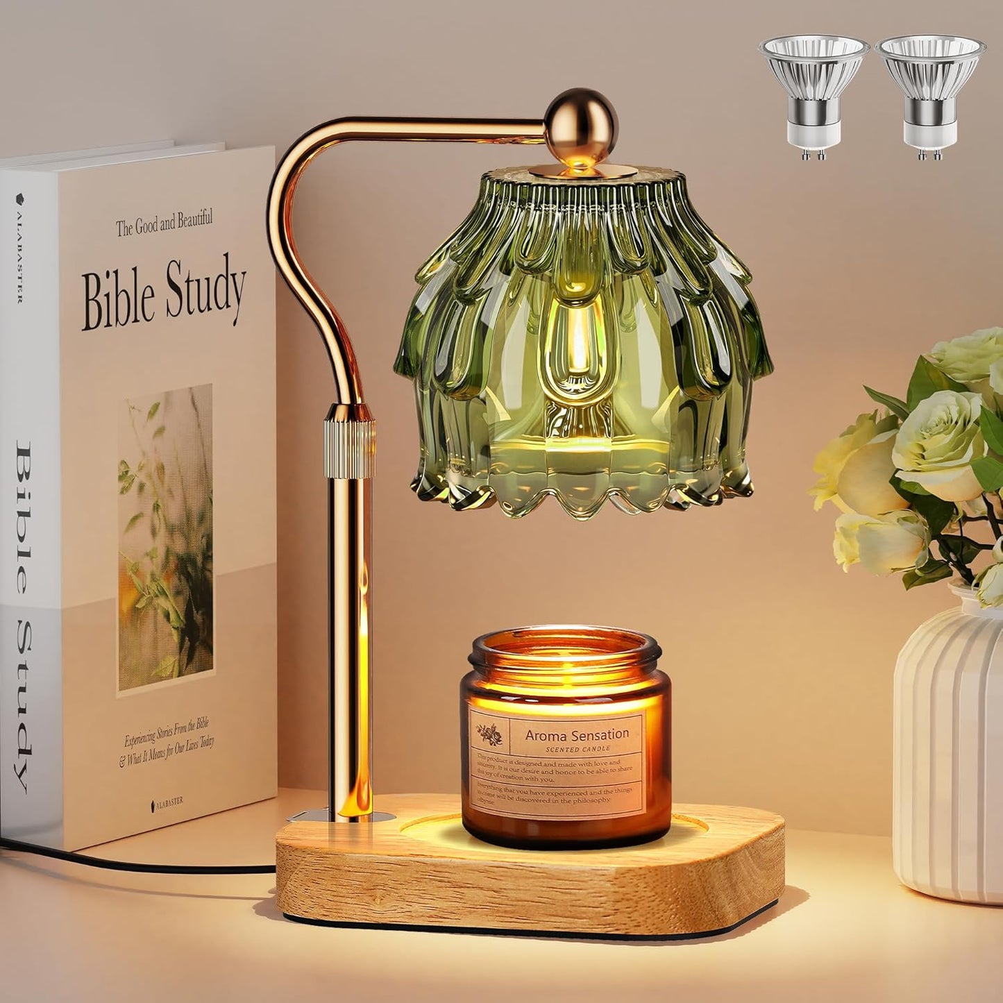 Candle Warmer Lamp with Timer Dimmer, Modern Wax Warmer for Scented Wax Jar Candle Warmer with 2 Bulbs, Adjustable Height Glass Lamp for Gifts for Women, Home Decor, Gold Amber