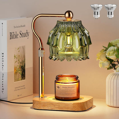 Candle Warmer Lamp with Timer Dimmer, Modern Wax Warmer for Scented Wax Jar Candle Warmer with 2 Bulbs, Adjustable Height Glass Lamp for Gifts for Women, Home Decor, Gold Amber