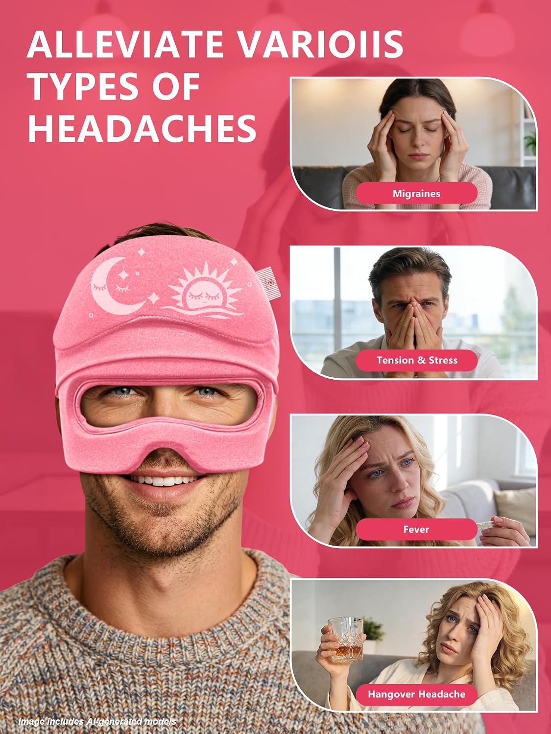 Migraine Relief Cap with Flip-up Eye Mask for Headache & Stress Relief | Headache Relief Hat for Hangover, Tension-Cold Compress Head Wrap