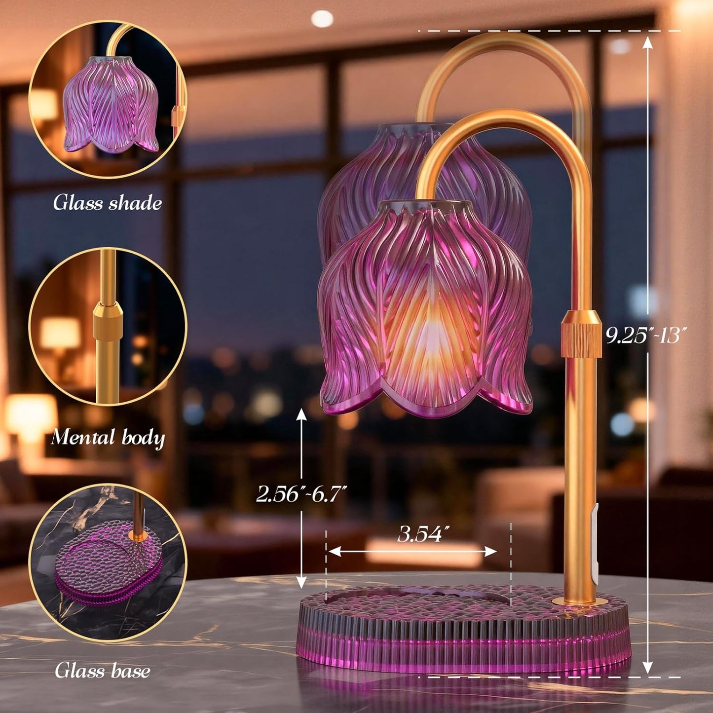 Flower Candle Warmer Lamp, Timer & 4-Level Dimmer, Adjustable Height | Flameless Electric Wax Warmer for Jar Candles, Includes 2 Bulbs, Pink, Home Decor Gift for Mom & Women, Housewarming