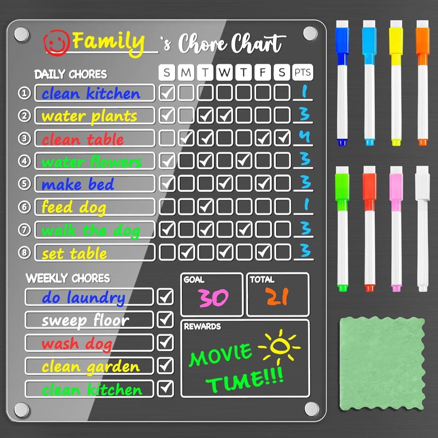 PigPotParty Acrylic Magnetic Chore Chart for Kids, 12x9.5 Inch, 2 Pack | Sleek Clear Acrylic Design, Reward System Builds Habits, Built-In Magnets Require No Installation, 8 Wet-Erase Markers