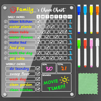 PigPotParty Acrylic Magnetic Chore Chart for Kids, 12x9.5 Inch, 2 Pack | Sleek Clear Acrylic Design, Reward System Builds Habits, Built-In Magnets Require No Installation, 8 Wet-Erase Markers