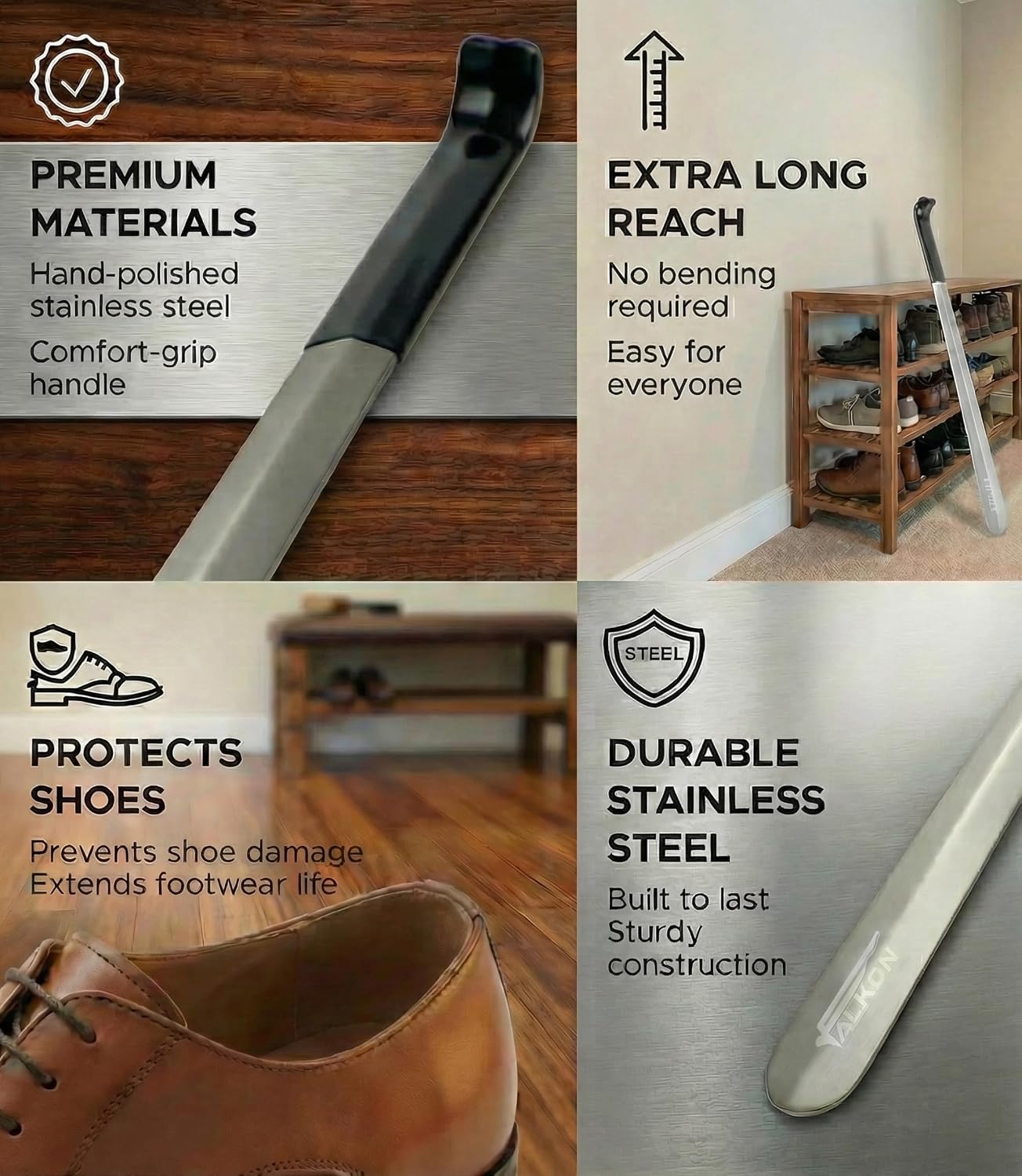 FALKON Shoe Horn Long Handle- Metal Shoe Horn Sets for Men, Women and Children, TSA Friendly