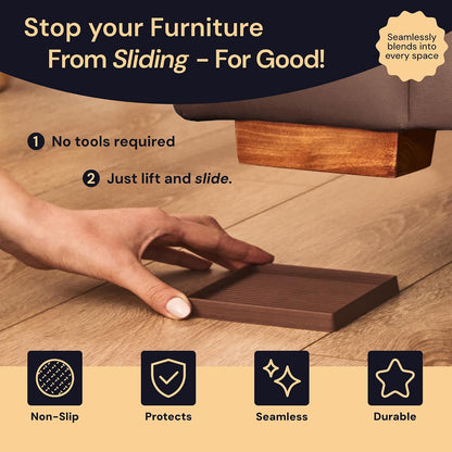 Non-Slip Furniture Pads - 4x4 in Brown, 4 Pack | Square rubber caster cups - anti-skid - Use for heavy sofas, beds & chairs on hardwood floors