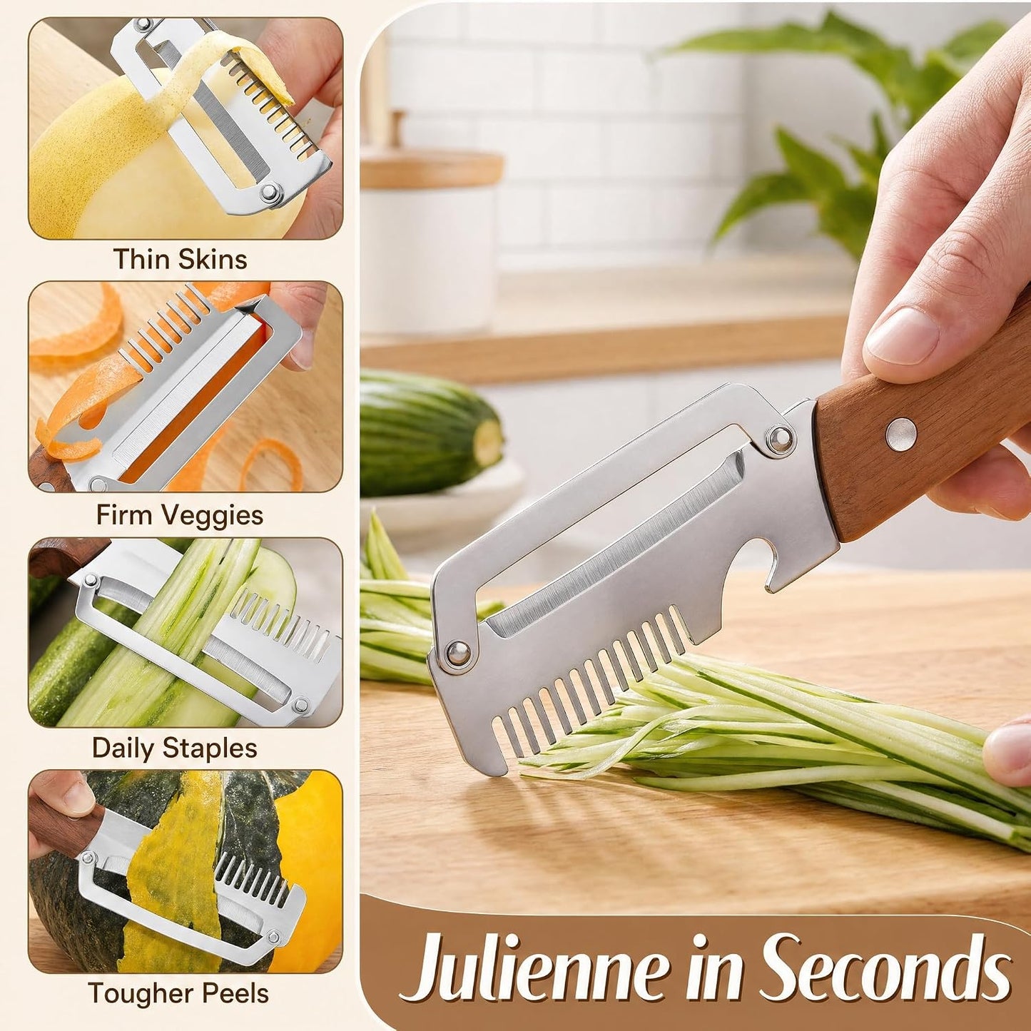Upgrade Vegetable Peeler and Julienne Peeler Set, 2-Pcs Multifunctional Stainless Steel Veggie Peelers for Kitchen with Wood Handles & Built-in Bottle Opener, Sharp Potato, Carrot & Scallion Shredder