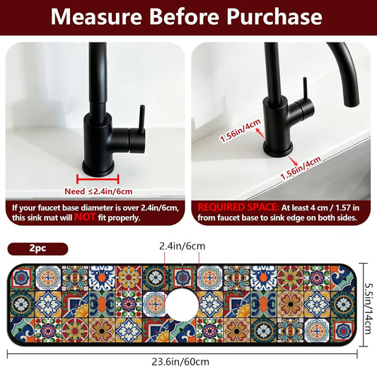 2 Pcs Kitchen Sink Splash Guard Faucet Mats Vintage Porcelain Flowers and Birds Pattern Faucet Mat for Sinks Absorbing Drying Mat for Kitchen Bathroom, 23.6x5.5inch