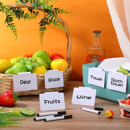 18 Pcs White Basket Labels Clip on, Removable Hanging Bin Labels for Storage Bin with Chalk Markers for Basket Kitchen Pantry