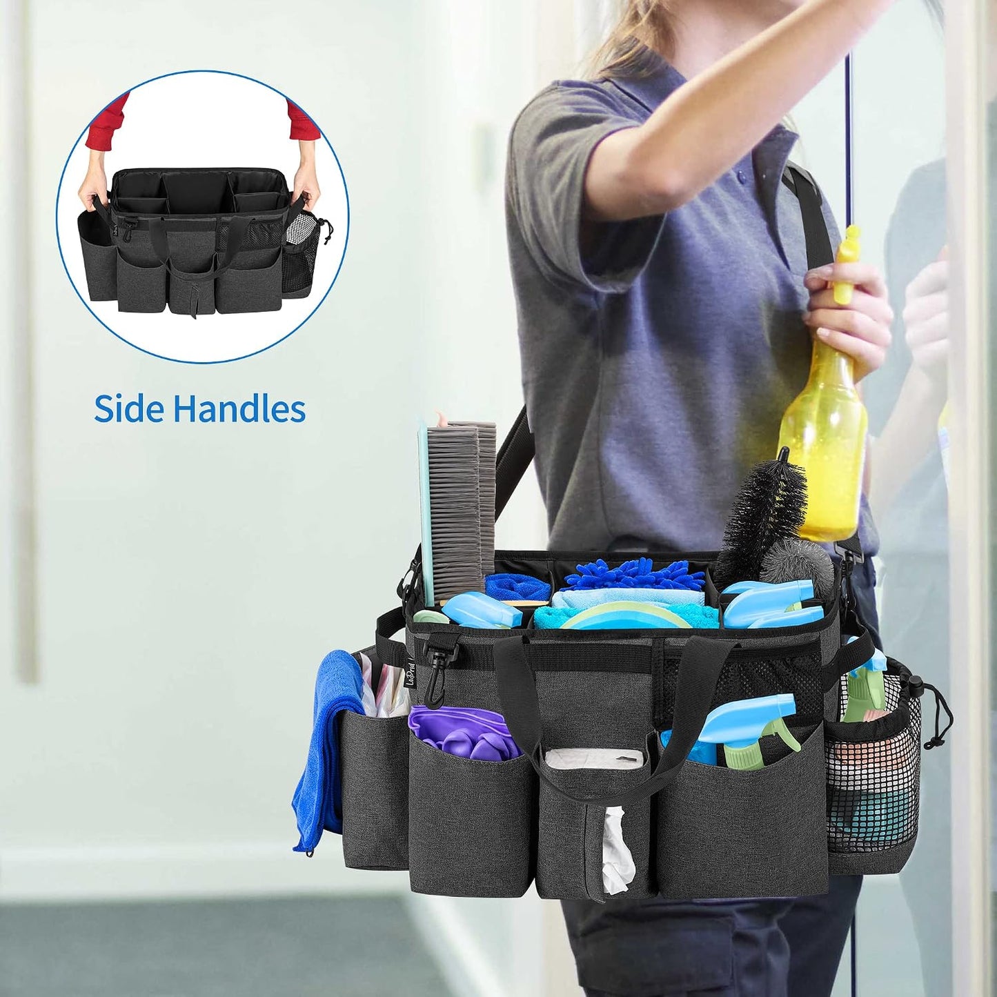 LoDrid Wearable Cleaning Caddy Bag with 4 Foldable Dividers, Black | Cleaning Supply Organizer with Shoulder Strap and Side Handles for Cleaners & Housekeepers