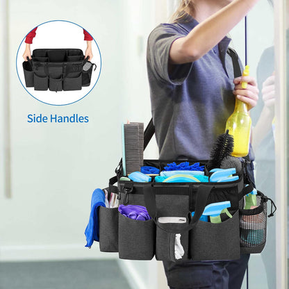 LoDrid Wearable Cleaning Caddy Bag with 4 Foldable Dividers, Black | Cleaning Supply Organizer with Shoulder Strap and Side Handles for Cleaners & Housekeepers