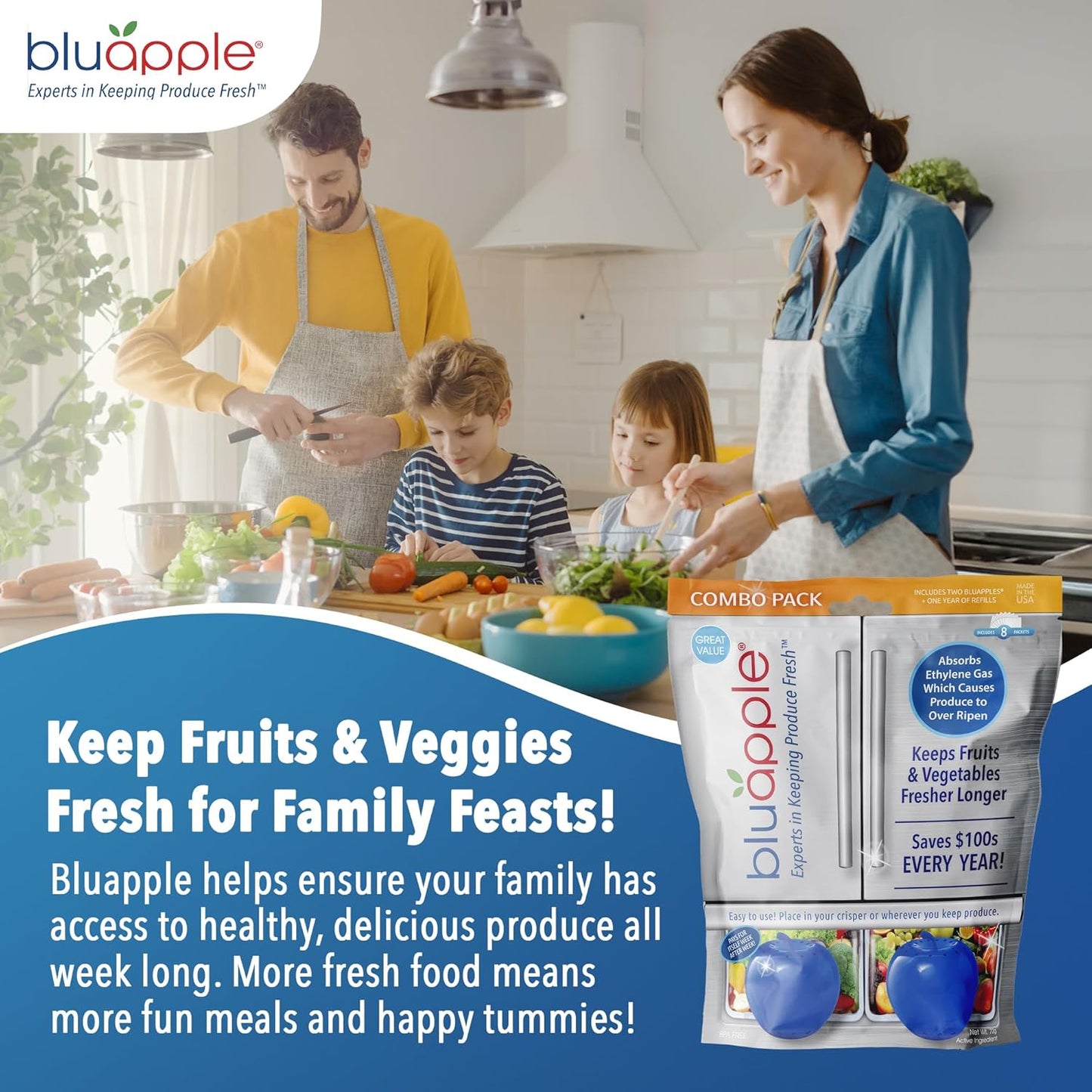 Bluapple Produce Saver Ethylene Gas Absorber - Fresh Fruit & Vegetable Storage for Refrigerator Crisper, Shelves & Fruit Bowls, Produce Keeper, Fruit Saver, Kitchen Must Haves, BPA-Free - 2-Pack