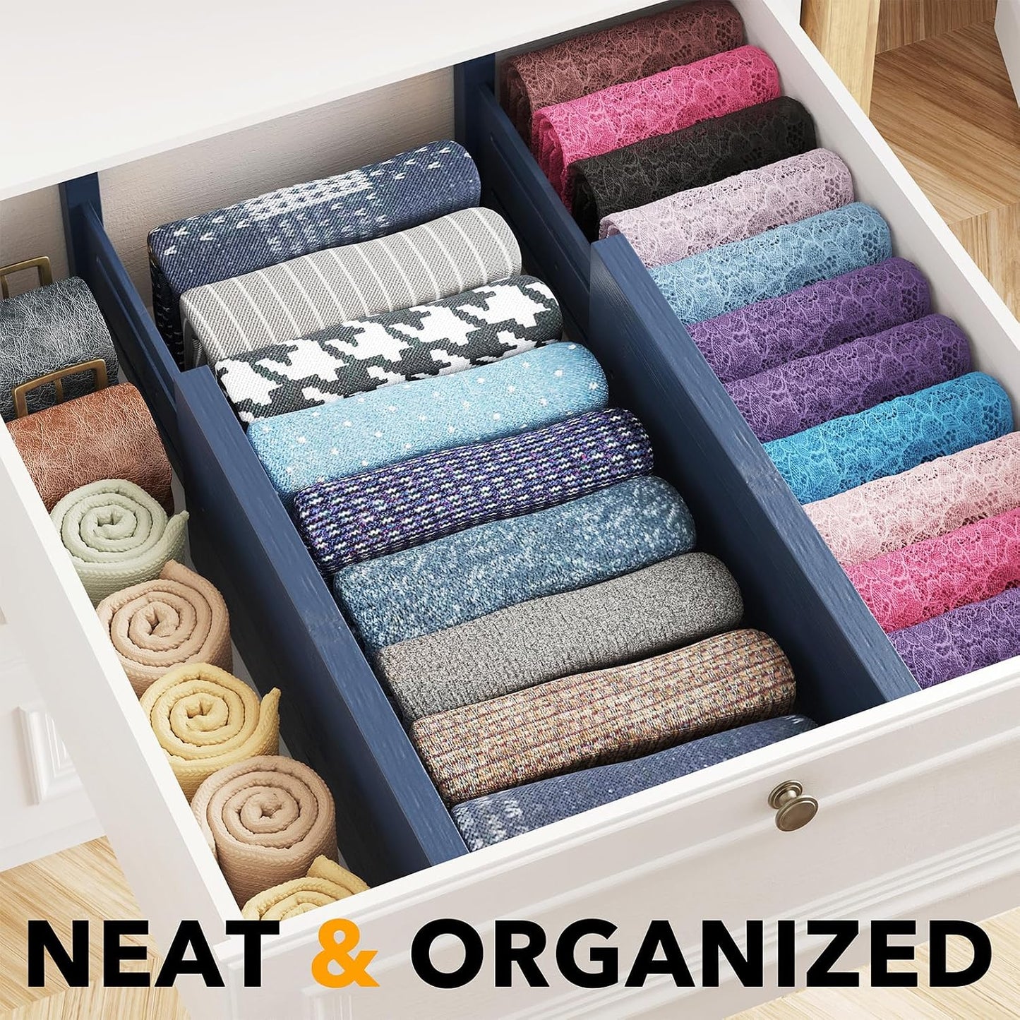 SpaceAid Bamboo 4 Pack Dresser Drawer Dividers, 4.65“ High Adjustable 12.5“-17” Drawer Organizers, Expandable Organization for Clothing, Clothes, Dressers, Black